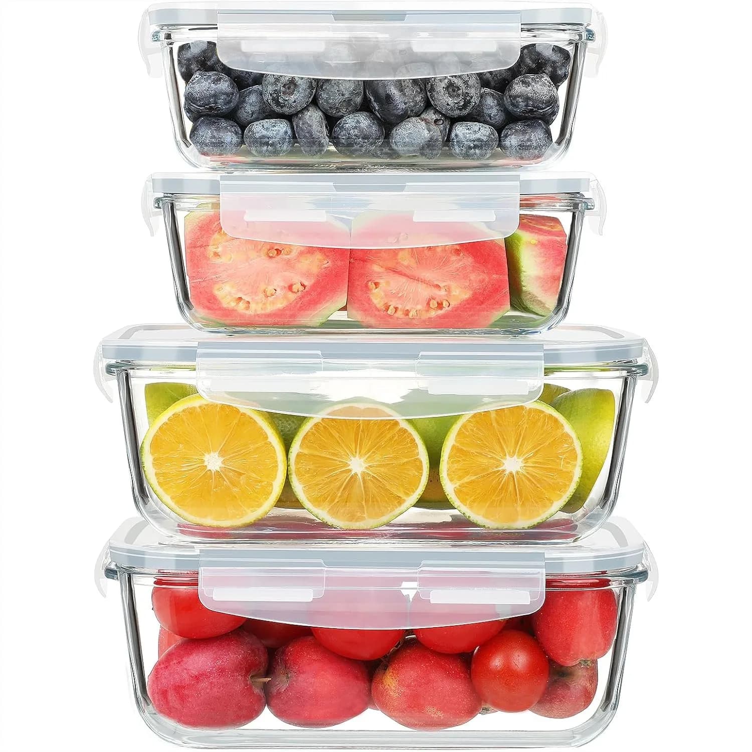 Set di Contenitori in Vetro per Alimenti con Coperchi Ermetici, 4 Pezzi da 63oz+27oz per Preparazione Pasti, Adatti per Congelatore, Microonde e Forno