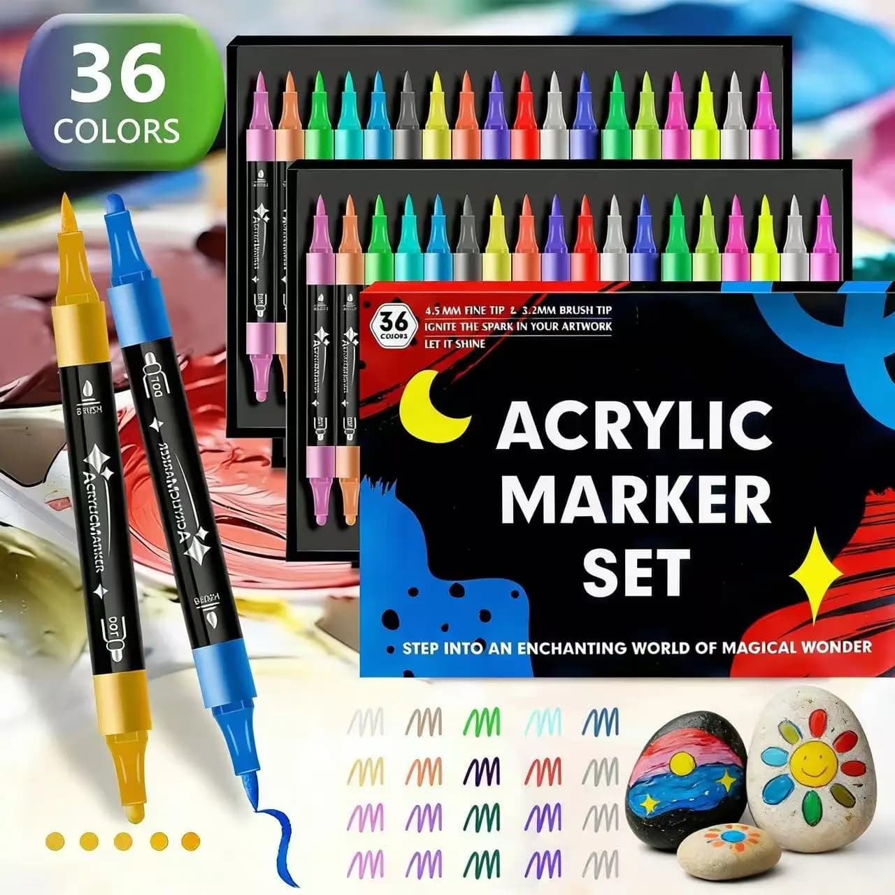 Pennarelli Acrilici a Doppia Punta 12/24/36 Colori per Legno, Tela, Roccia, Vetro, Ceramica, Fai da Te, Artigianato e Forniture Artistiche