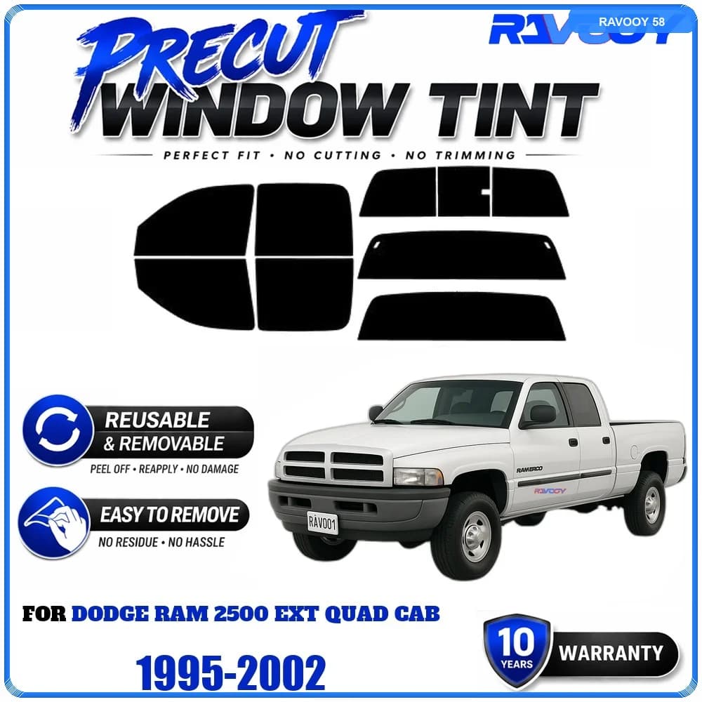 RAVOOY Precut Window Tint, Reusable Removable EPU Film, Custom Fit for Dodge Ram 2500 Ext Quad Cab 1995-2002, UV Heat Protection