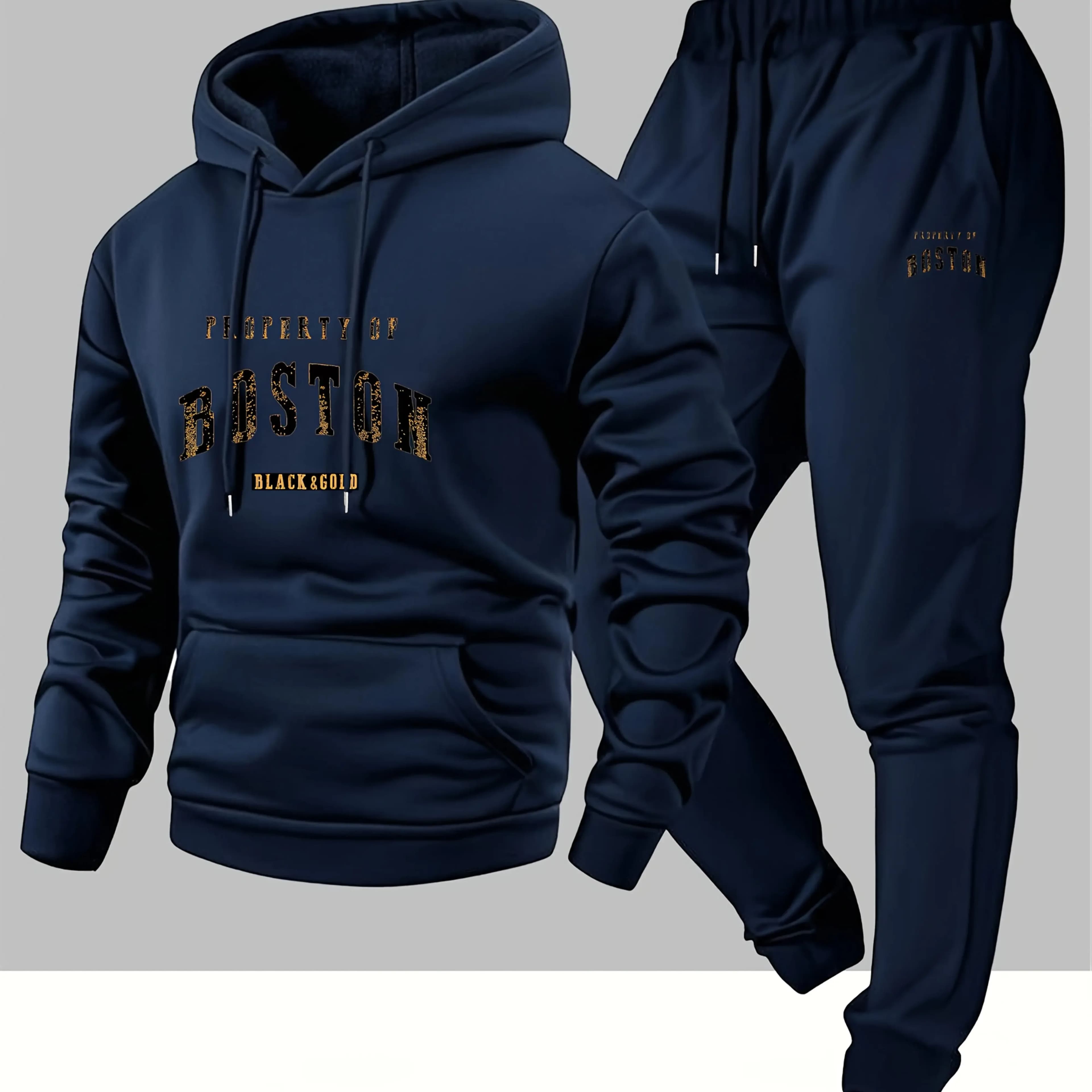 Felpa con cappuccio e pantaloni della tuta da uomo con stampa Boston, set di pantaloni della tuta caldi in velluto sottile morbido e confortevole per l'autunno e l'inverno