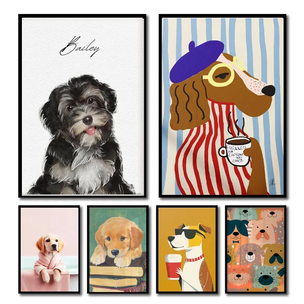 1pc frameless canvas 1pc Funny Lovely Dog Wall Art Print Retro Cute Dog Illustration Bathroom Living Room Bedroom Kitchen