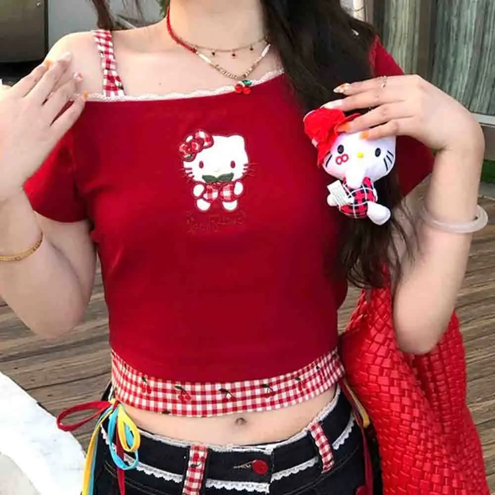 T-shirt estiva da donna Hello Kitty a maniche corte, con fiocco e spalle scoperte, design scavato, stile cartone animato, top alla moda e carino