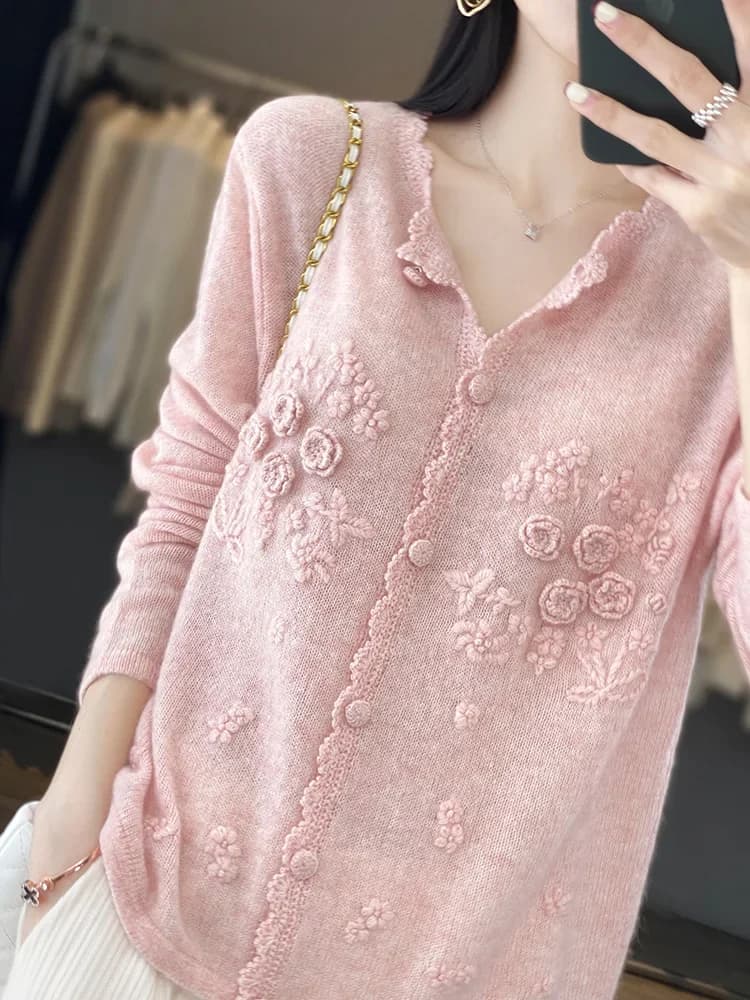 Cardigan da donna in puro cashmere al 100% girocollo ricamato a mano all'uncinetto maglione pigro sciolto cappotto lavorato a maglia per l'autunno inverno