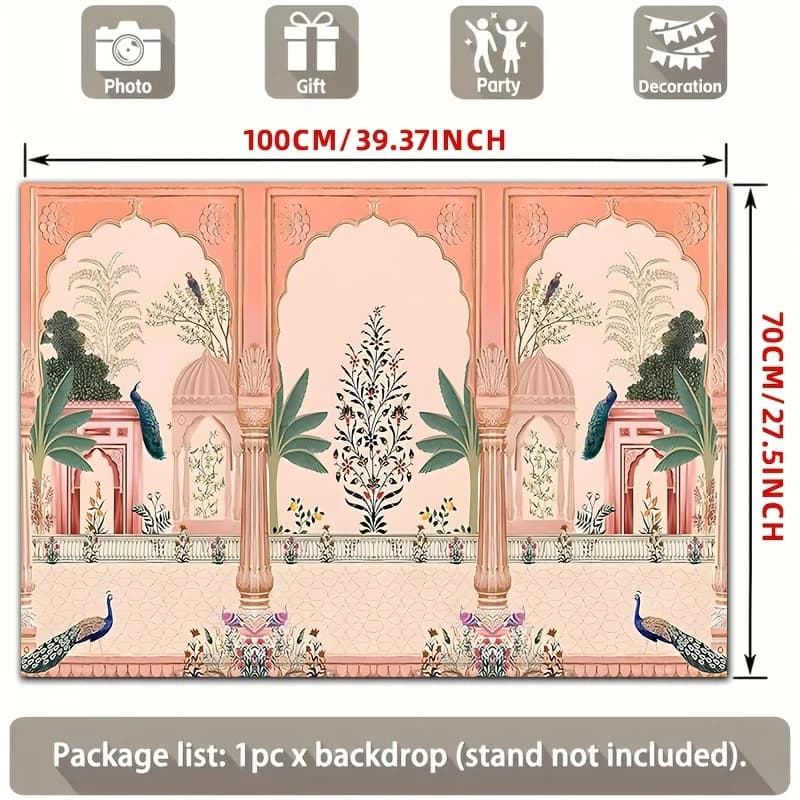 Ornate Mughal Floral Peacock Backdrop Photo Booth Background for Wedding Party Event Decor Blush Pink Gold Palace Curtain