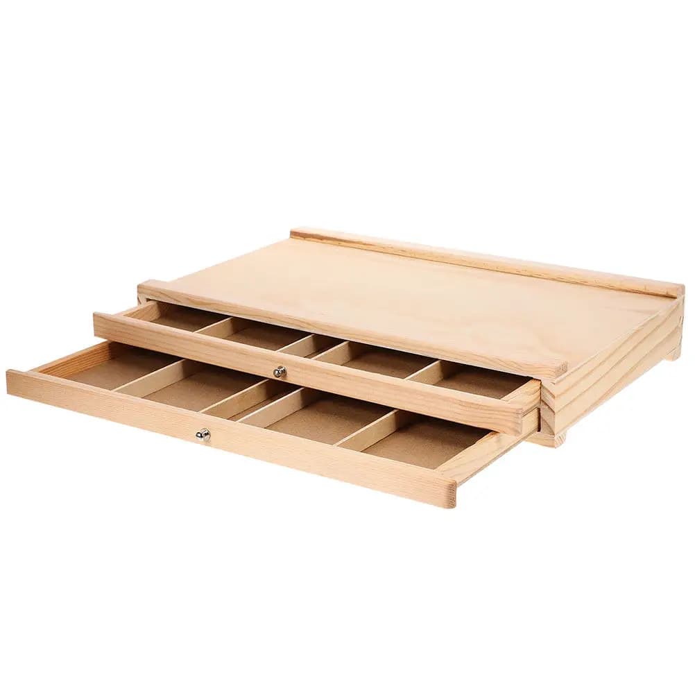 Wooden Art Storage Box with Multiple Compartments Double Layer Design for Paint Brushes Markers Sketching Supplies Organizer
