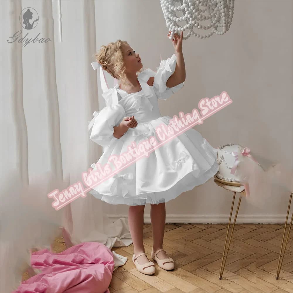 Abito da ragazza in raso bianco con fiori eleganti, fiocco, spettacolo di bellezza, ballo, festa di compleanno, festa serale, comunione, abiti da principessa
