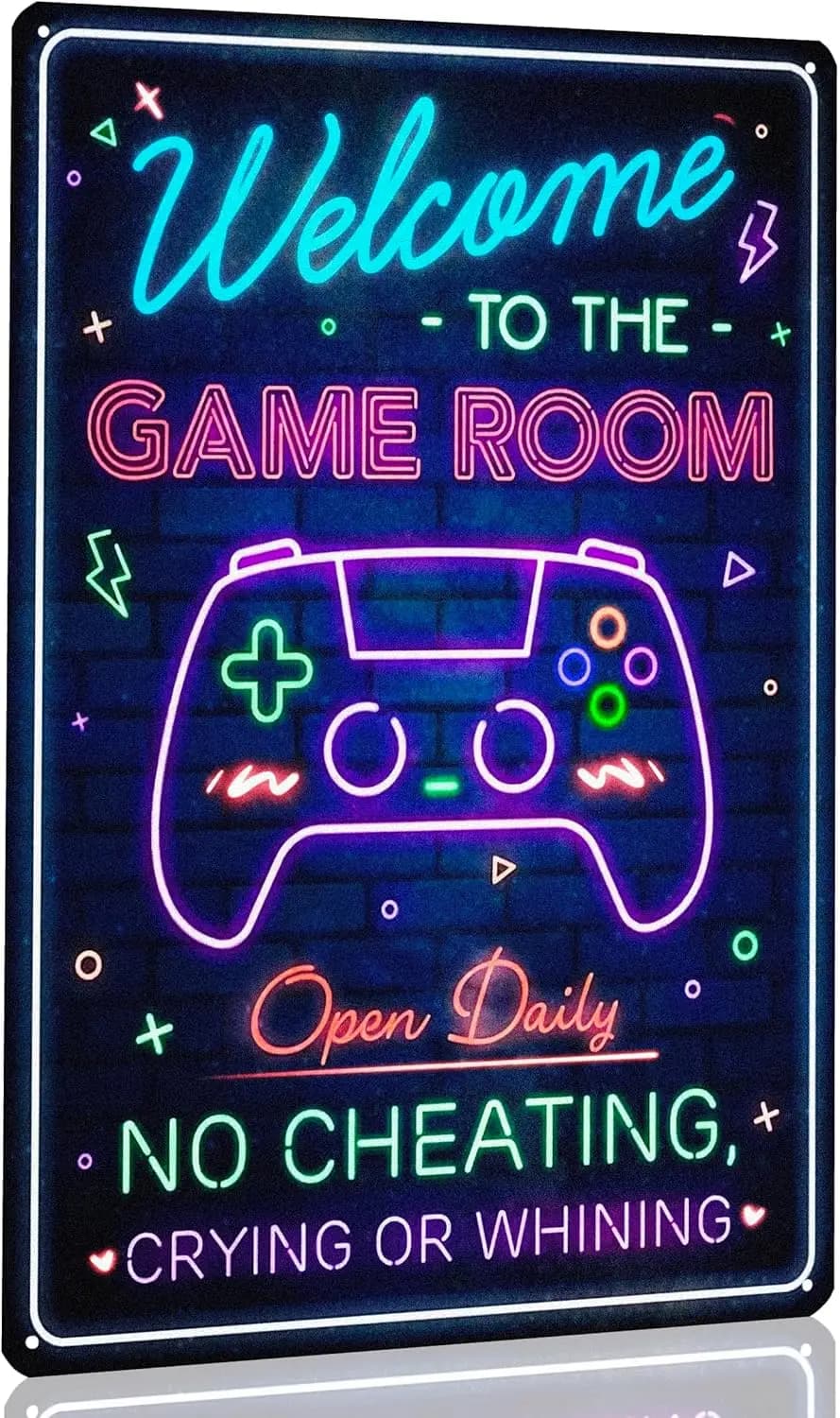 Funny Rinted Neon Gaming Metal Poster for Gaming Room Wall Door Decor for Teen Boy Boyfriend Welcome To The Game Room Sign sign