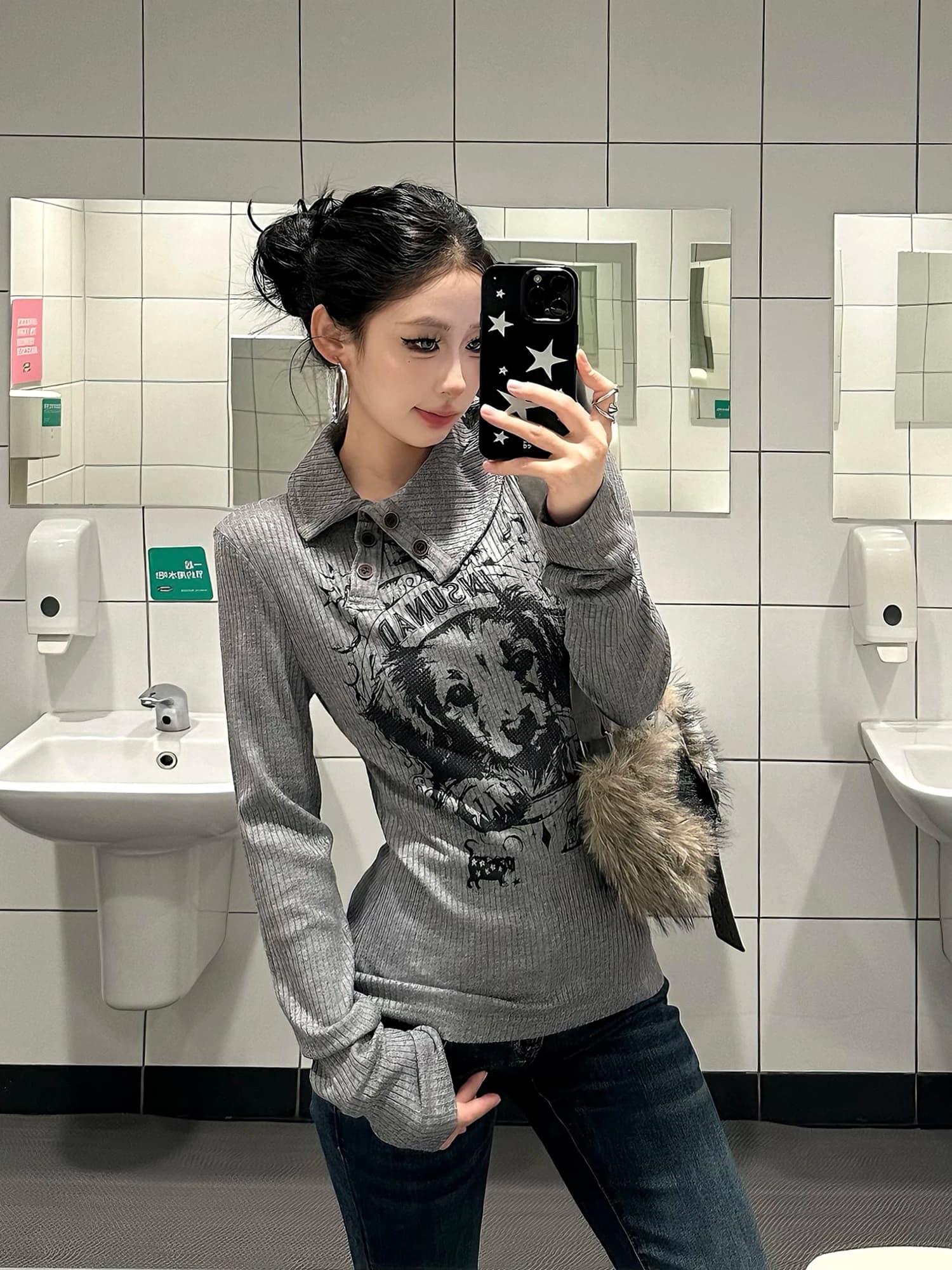 Slim Fit American Retro Dog Print T-Shirt Women's Spring Casual Wear Long Sleeve Top Inner Wear Slimming Effect Short Style