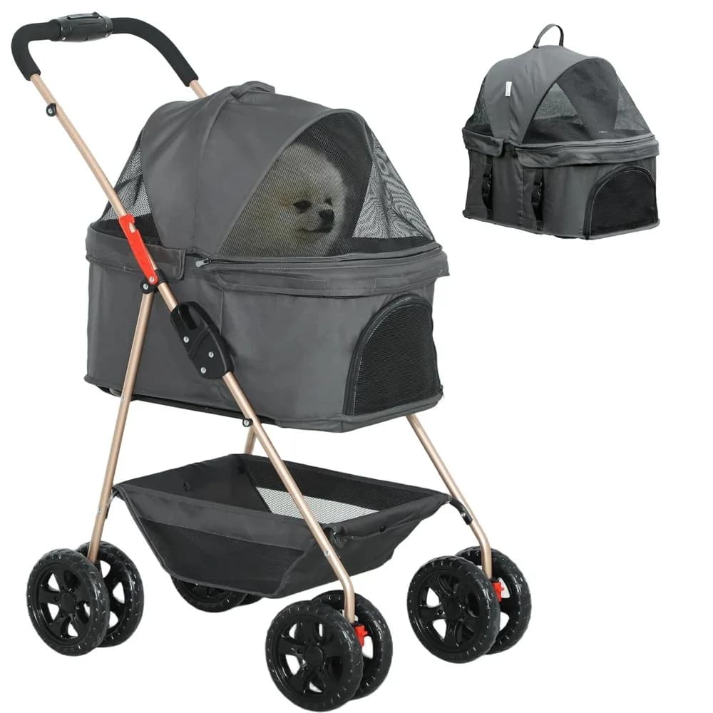 Passeggino per cani 3 in 1 con portapacchi staccabile, passeggino pieghevole leggero per animali domestici con 4 ruote, cestino portaoggetti, portabicchieri