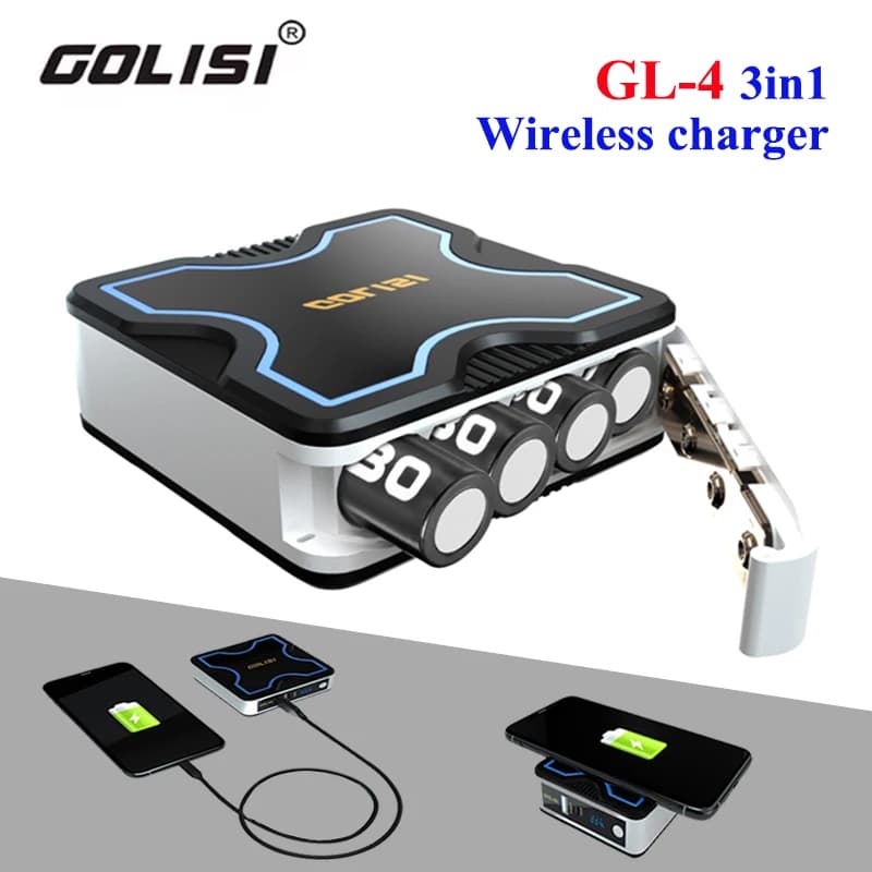 Caricabatterie Wireless Premium 3-in-1 Golisi GL-4 – Power Bank 9V 3A e Caricabatterie Wireless per Batterie, Telefoni e Tablet