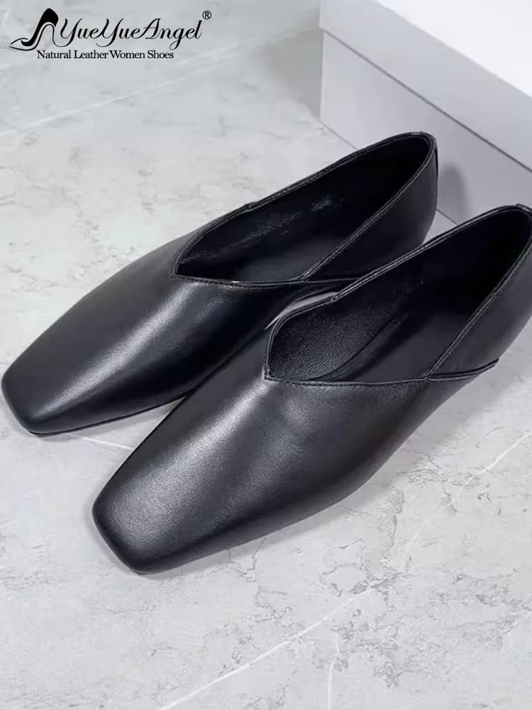 Scarpe da donna in vera pelle con punta quadrata, altezza interna poco profonda, comode e versatili, slip on, scarpe basse alla moda da ufficio