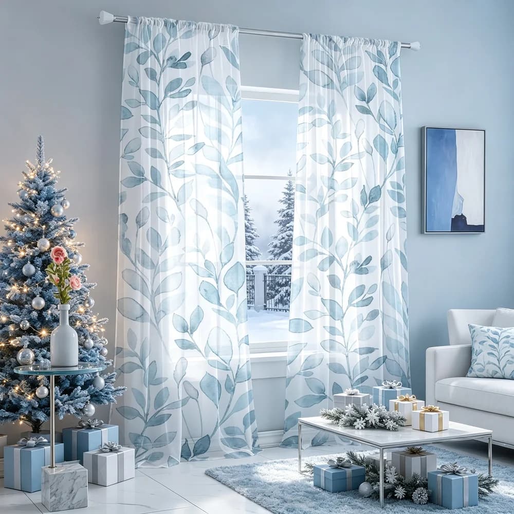 2PCS Sheer Curtains, Light Blue Watercolor Branches Print, Bedroom Living Room Window Drapes, Rod Pocket Polyester, Home Decor