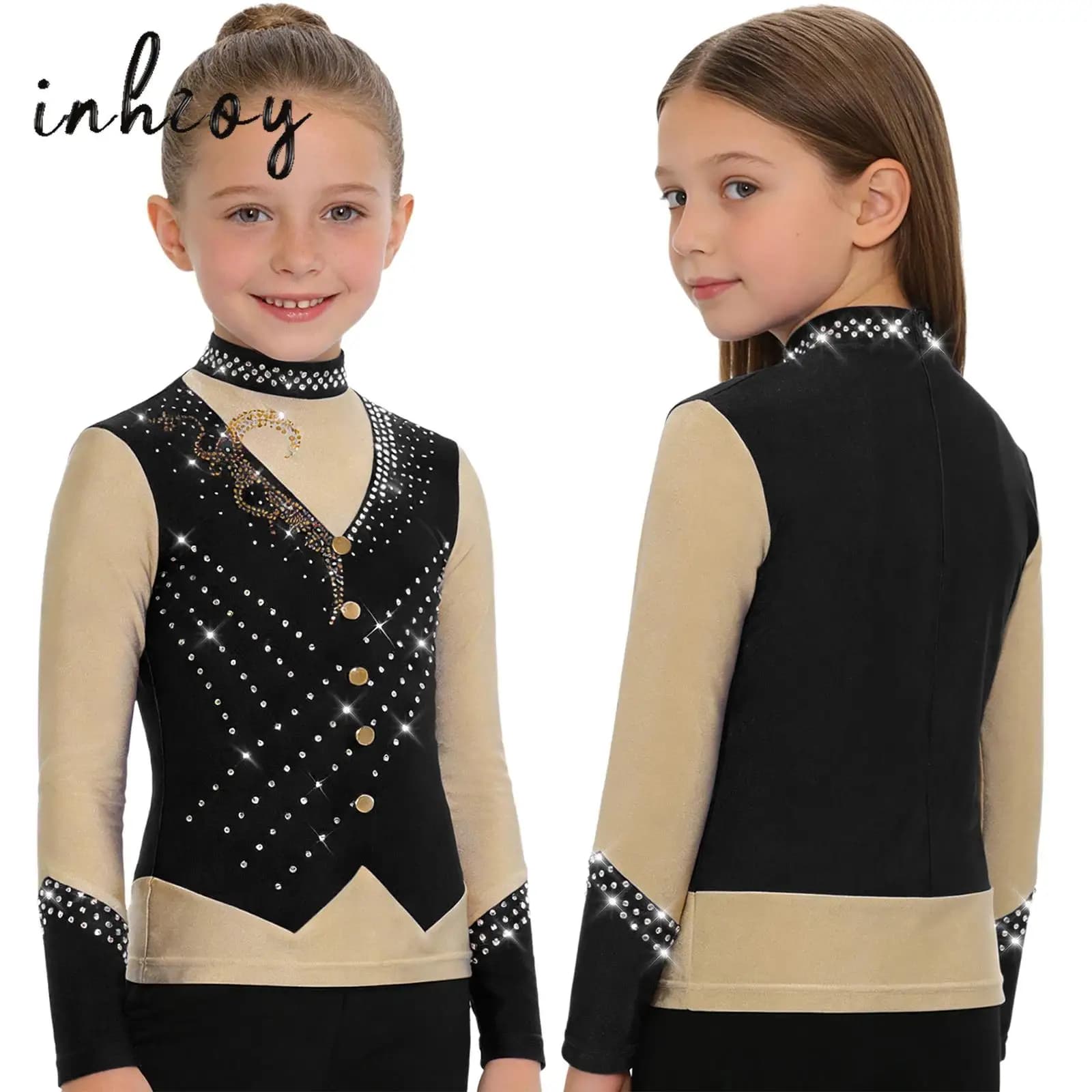 Costume da Pattinaggio Artistico per Ragazze e Ragazzi, Maglietta a Maniche Lunghe con Strass per Danza Latina, Balletto, Tango, Cha-cha, Esibizioni sul Palco