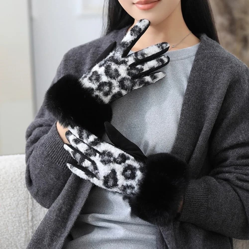 Guanti eleganti in velluto con stampa leopardata Guanti da donna antivento con dita intere spessi con fodera in pile Guanti da ciclismo per ragazze