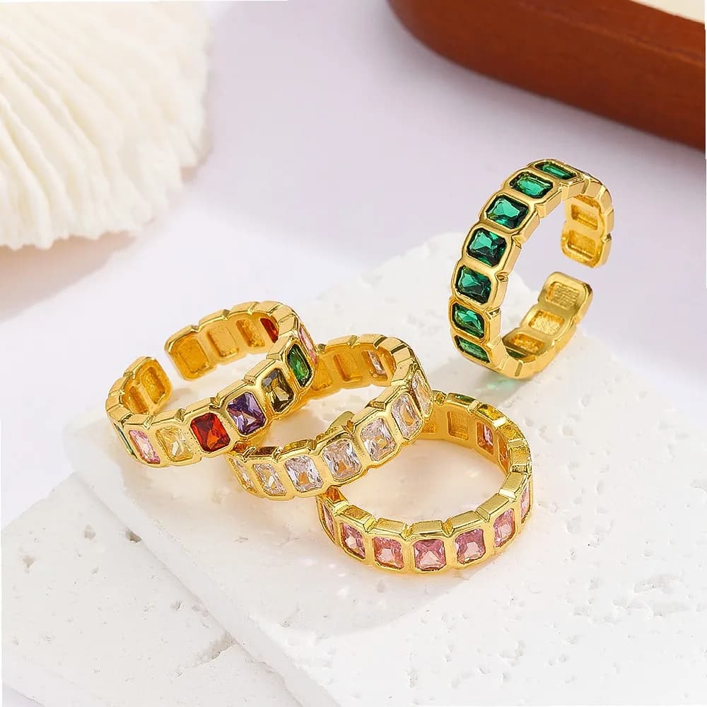 Adjustable Ring Gold Plated 18K, Luxury Ring with Zirconia Square for Women, Success Sale in Europe and the United States