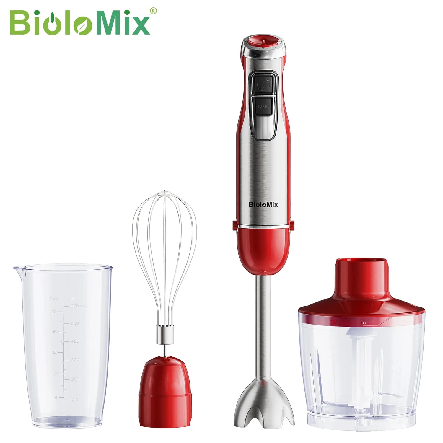 Frullatore manuale BioloMix 4 in 1, acciaio inossidabile da 1200 W - Miscelatore ad immersione con lame per ghiaccio con tazza per frullato chopper per alimenti per bambini