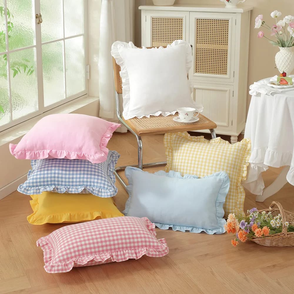 Fodera per cuscino in cotone con volant floreale, stile rustico francese, tinta unita, plaid, morbida, per letto, decorazione casa, soggiorno