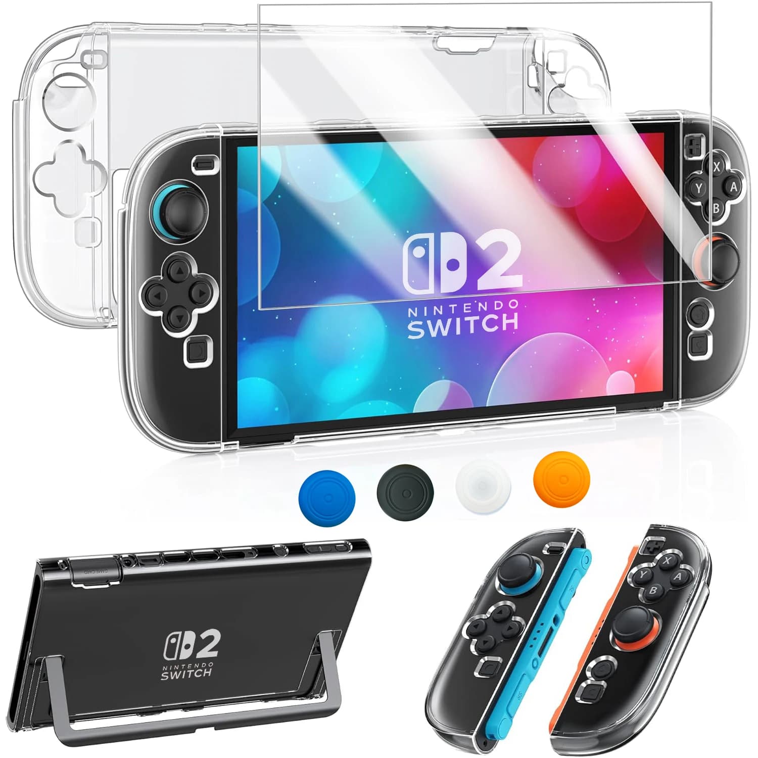 Set custodia protettiva trasparente per Switch 2 (2025) – Include guscio sottile trasparente, coperture Joy-Con, protezione schermo e 4 cappucci joystick
