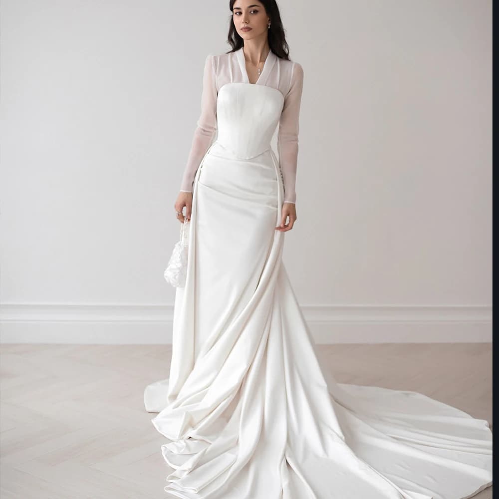 Elegant Wedding Dresses V-Neck Long Sleeve Mermaid Bride Dress Sweep Train Arabic Satin Bridal Gown Customized vestidos de novia