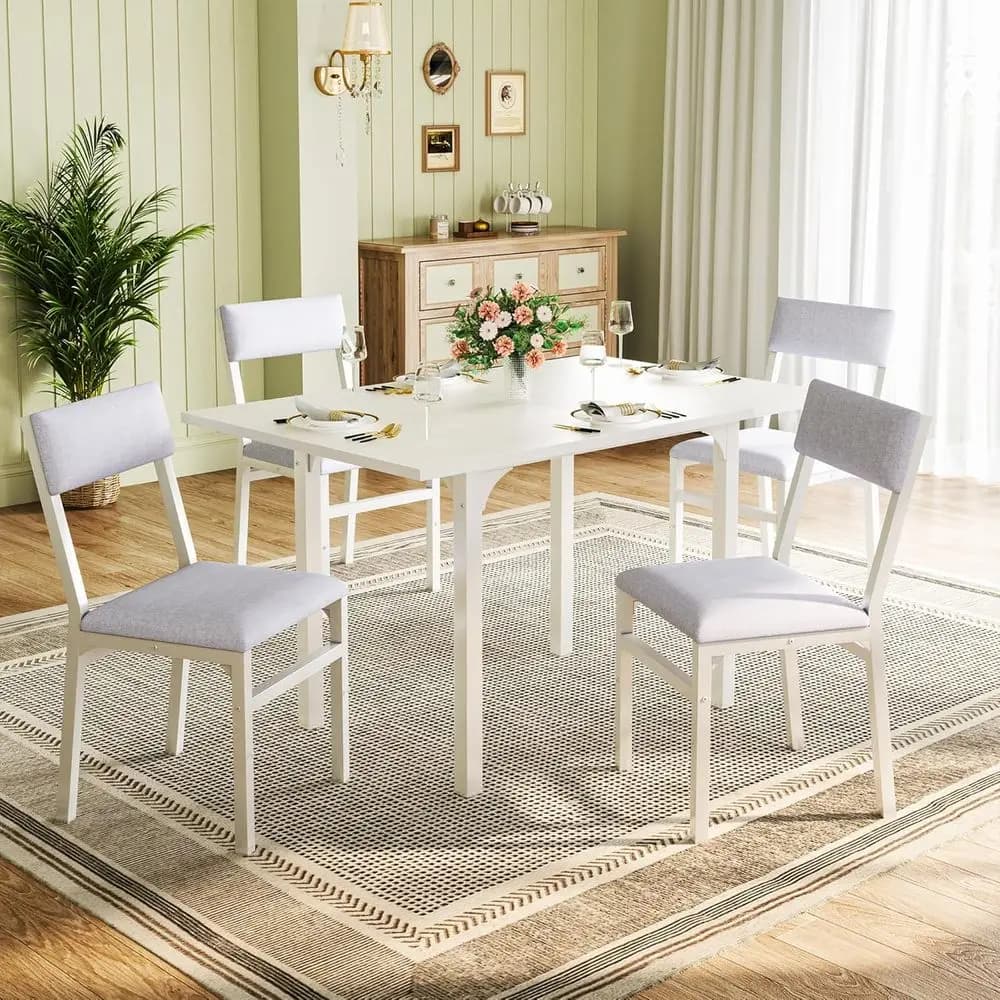 Set da pranzo in 4 pezzi con gambe in metallo e piano in MDF, tavolo da cucina compatto bianco con sedie imbottite
