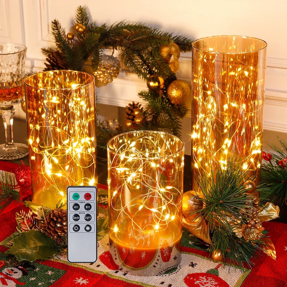 Candele senza fiamma in vetro da 3 pezzi Candele alimentate a batteria a LED Lampada da tavolo a luce fata con telecomando a 8 tasti Decorazioni natalizie per la casa