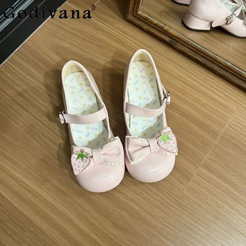 Scarpe Mary Jane Originali Giapponesi Lolita Rosa Fragola, Dolci e Kawaii, con Punta Tonda, Nuove Scarpe Estive con Tacco Medio