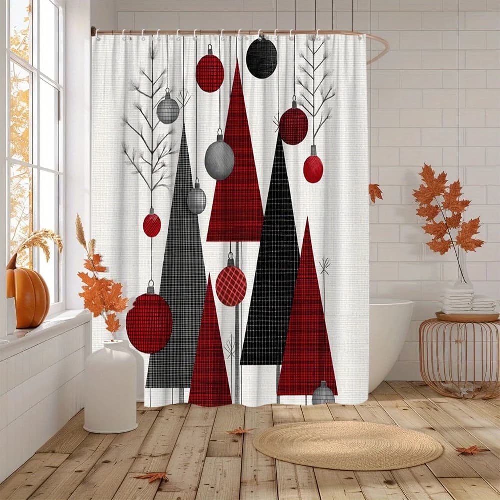 Vintage Red Black Checkered Trees Ornaments Christmas Shower Curtain w/ Hooks, Soft Fade Resistant Window Curtain for Bathroom