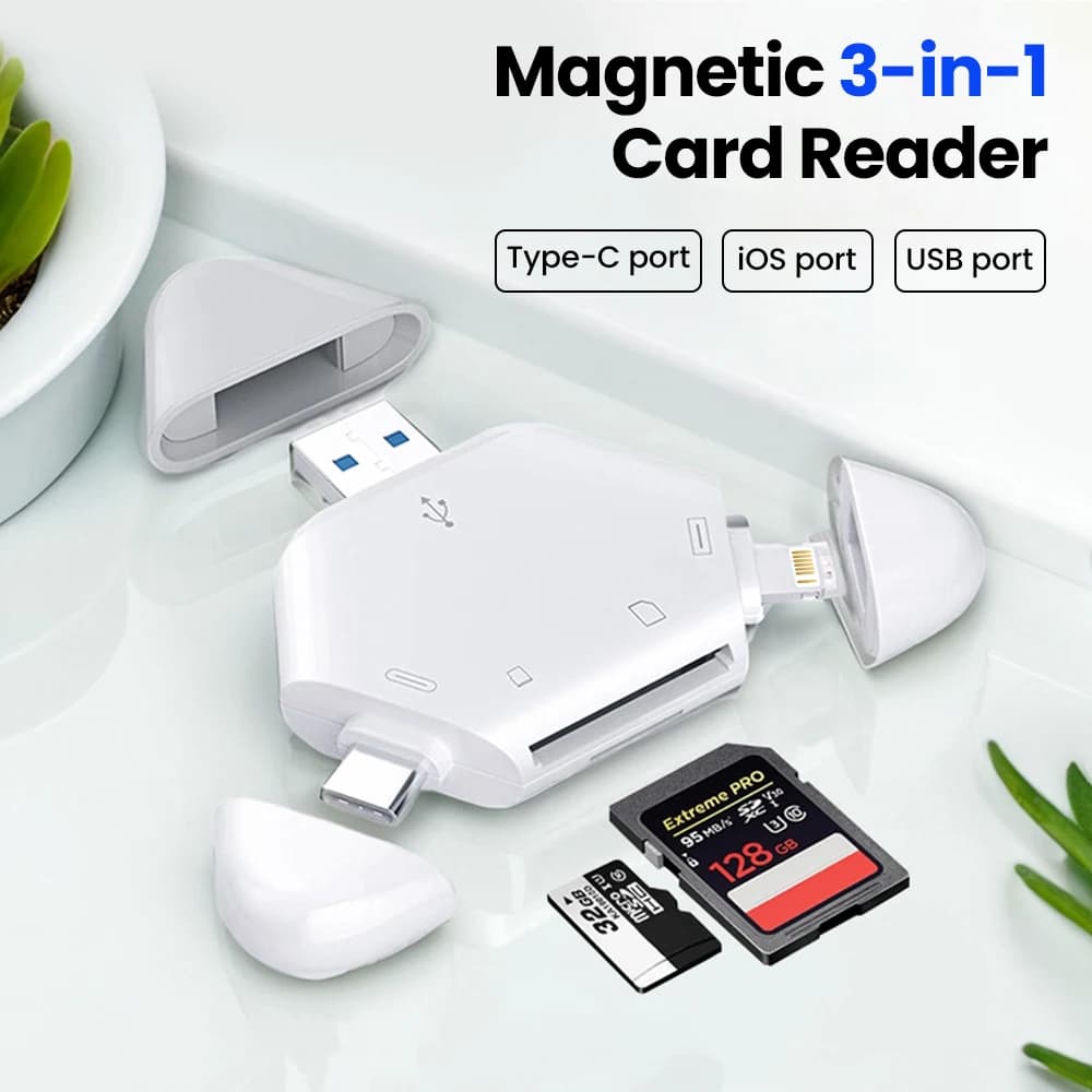 Lettore 3 in 1 magnetico USB A+Type-C+Lightning a 3 porte per la lettura di schede SD/TF e il trasferimento dati per cellulari, tablet e laptop