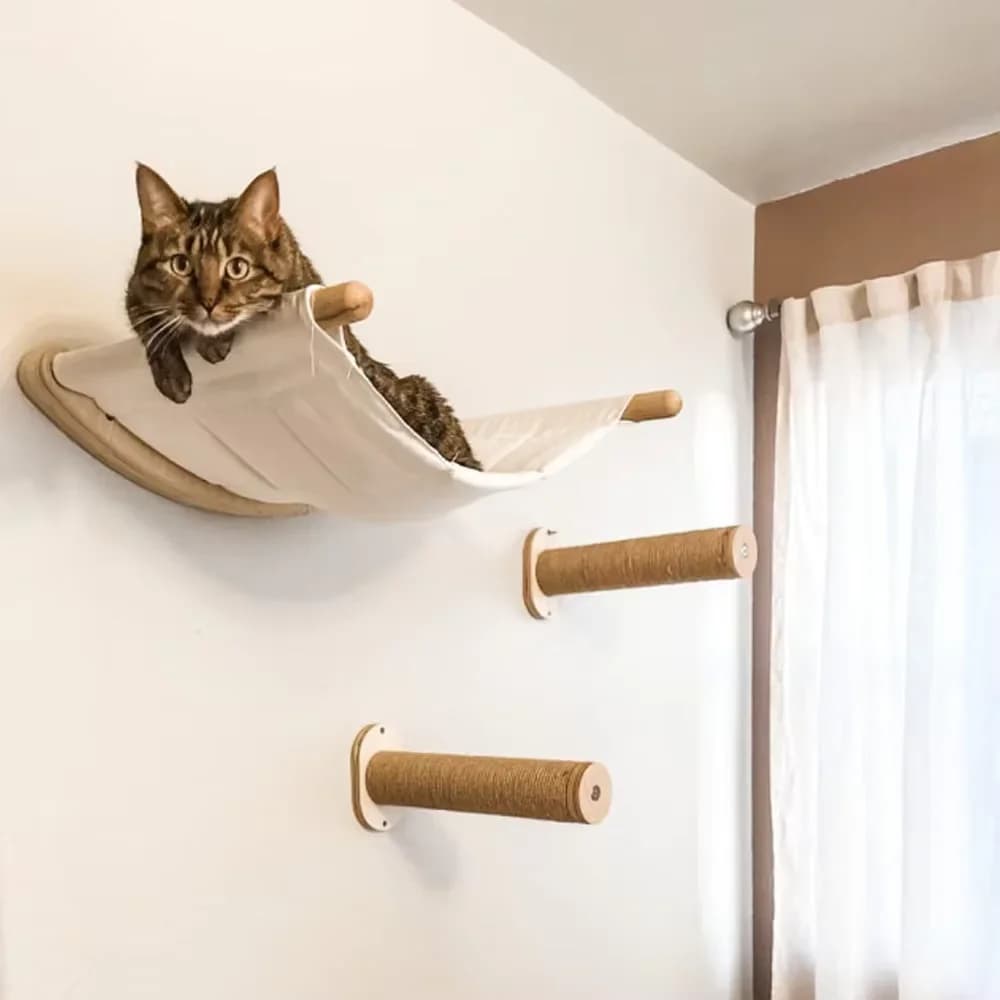 Struttura da arrampicata per gatti in legno montata a parete con palo antigraffio per gatti, nido giocattolo da parete, piattaforma per saltare e ripiani per scale in legno