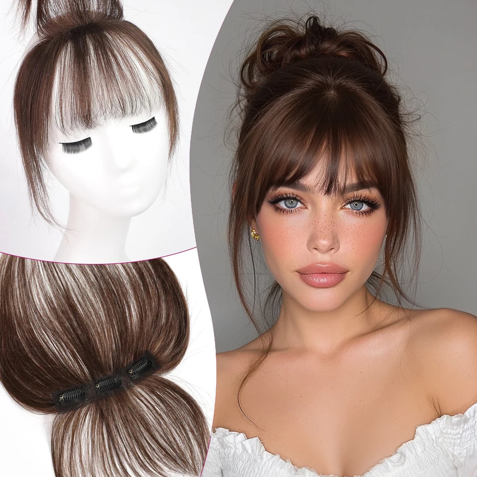 Clip per frangia per capelli umani al 100% in frangia ad aria Parrucchino per donna Frangia per capelli umani Remy marrone naturale Estensione dei capelli da 4,5 pollici