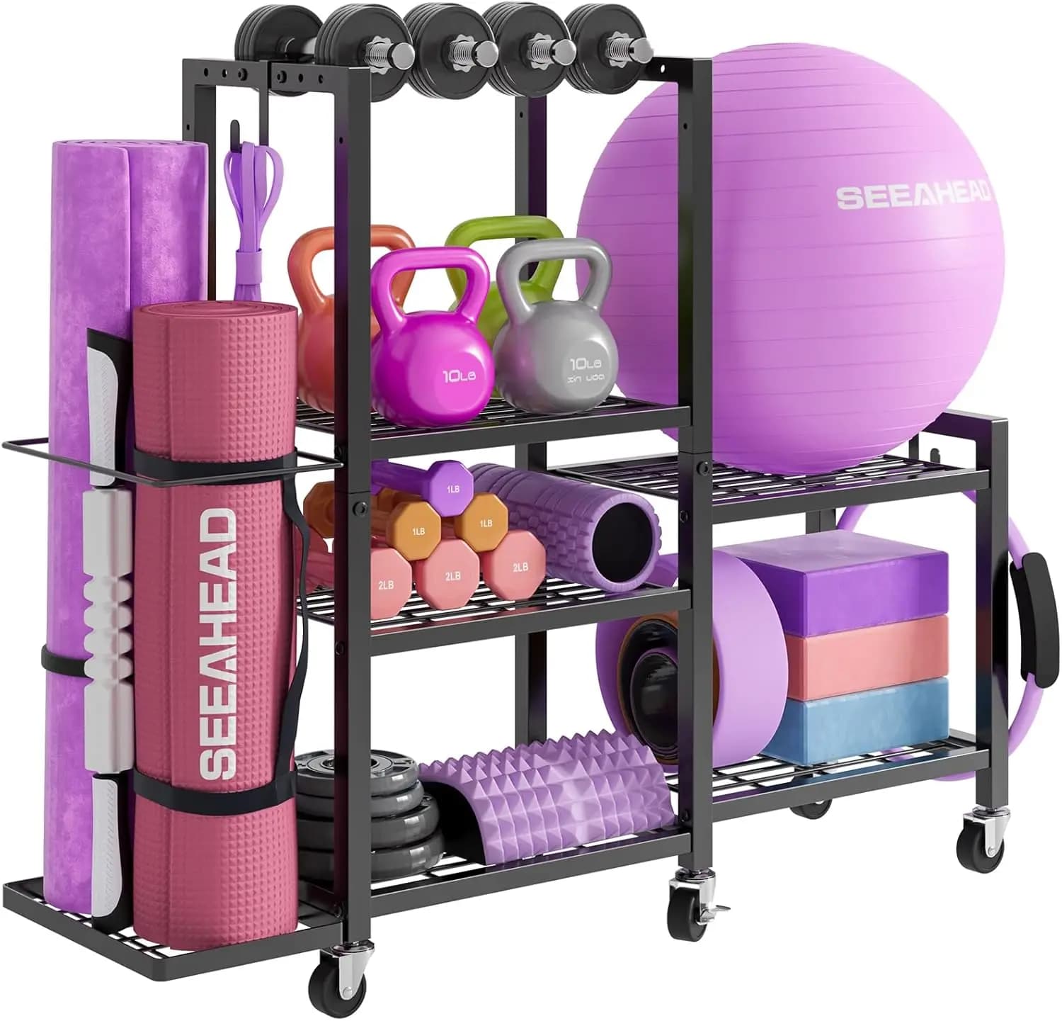 6-level gymnasium rack adjustable with handlebar wheels, yoga mats and fitness equipment