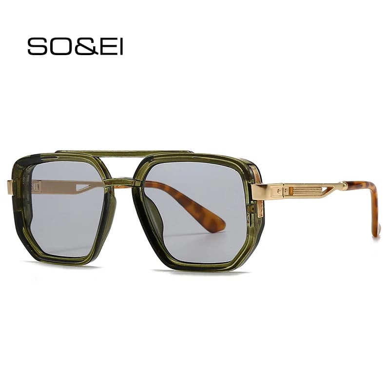 SO&EI Ins Popular Fashion Double Bridges Square Sunglasses Women Retro Rivets Blue Green Men Punk Sun Glasses Shades UV400