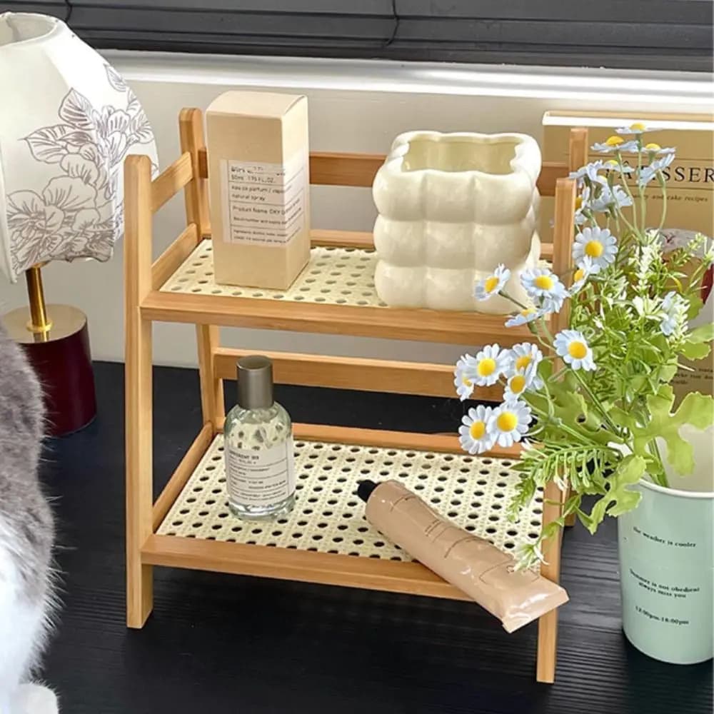 Scaffale portaoggetti in legno in rattan a 2 livelli, espositore per organizer da tavolo, scaffale stazionario multifunzionale per cucina, camera da letto, ufficio