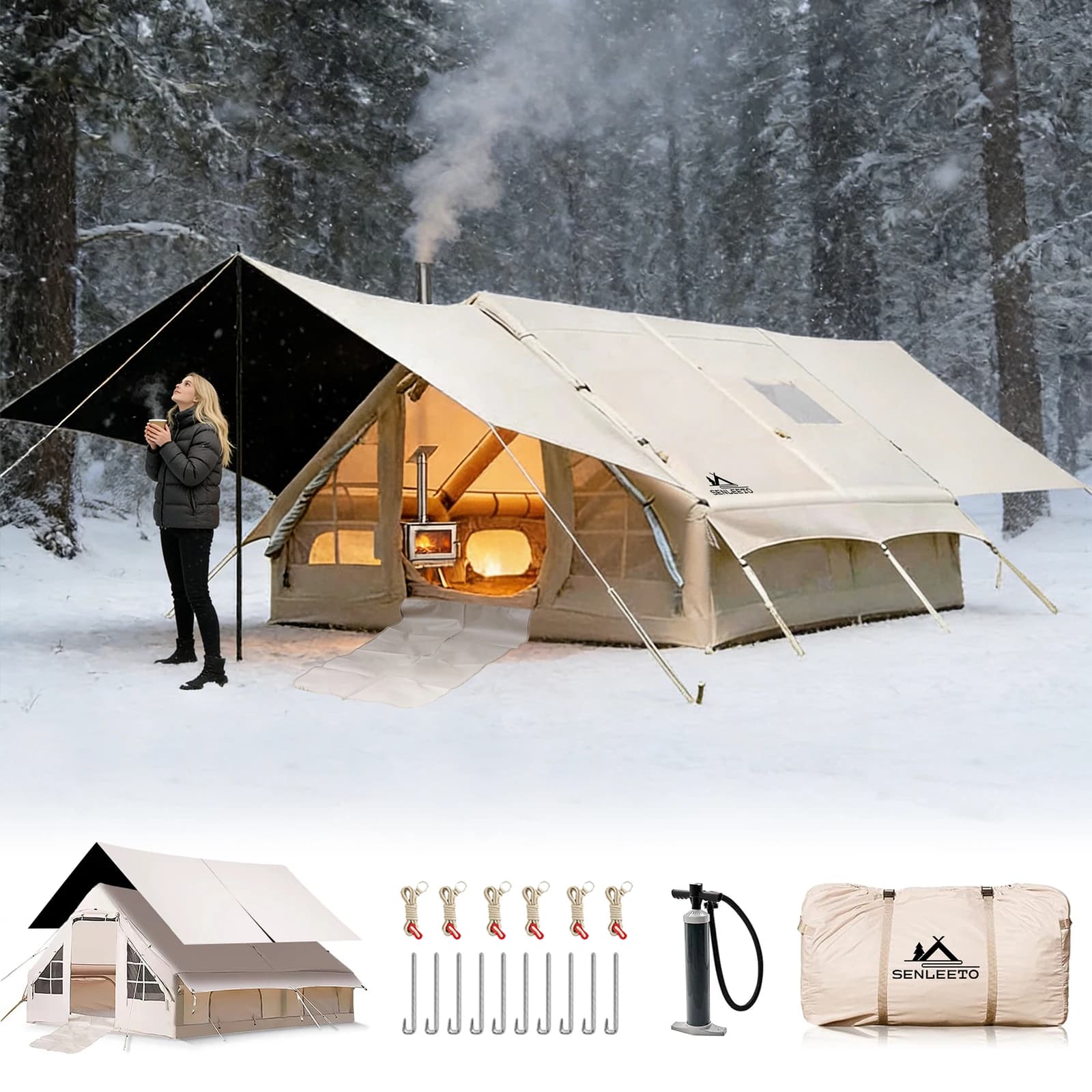 Tenda gonfiabile per 8-10 persone per campeggio, grande tenda da campeggio gonfiabile da 129 piedi quadrati con cric per stufa, tenda gonfiabile con presa d'aria CA
