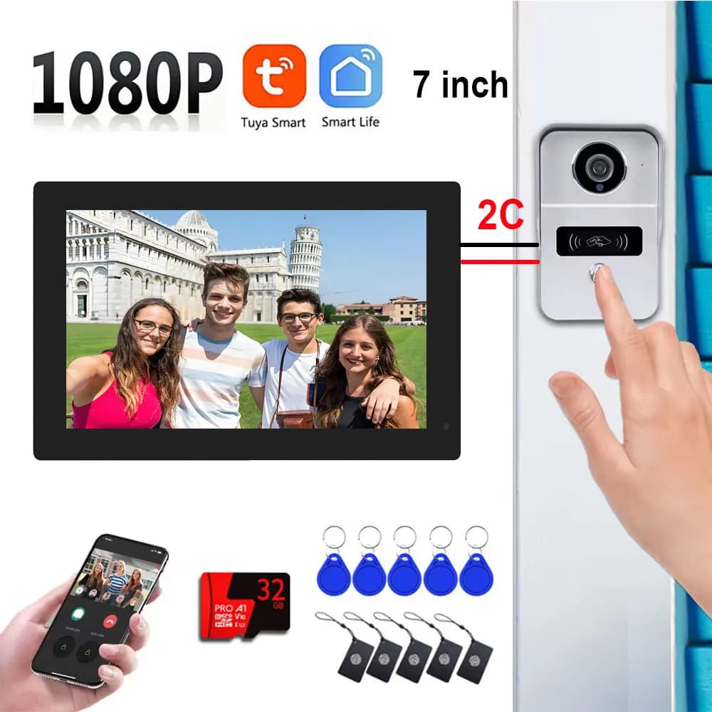 Tuya Wifi Video Campanello 1080P 7 pollici HD Touch Screen a colori Smart APP Kit citofono visivo domestico per sistema di controllo accessi RFID
