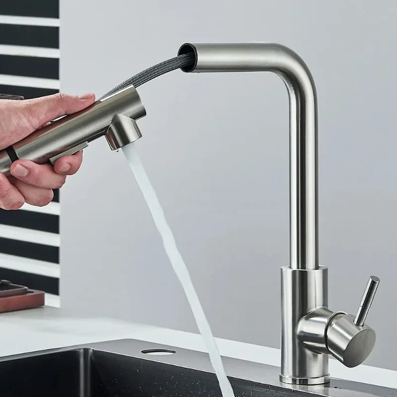 Pull Out Kitchen Sink Faucet High Pressure Two Model Stream Sprayer Nozzle Stainless Steel Tap Deck Install Hot and Cold Water
