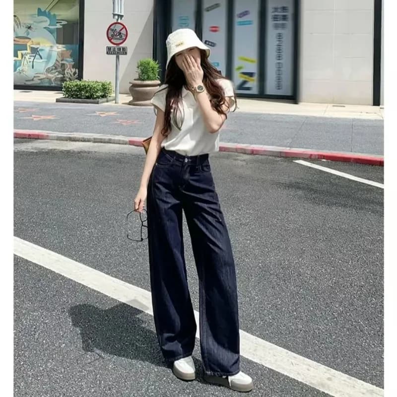 Jeans a gamba larga a vita alta Pantaloni dimagranti autunnali Moda pendolarismo versatile Pantaloni dritti stretti semplici