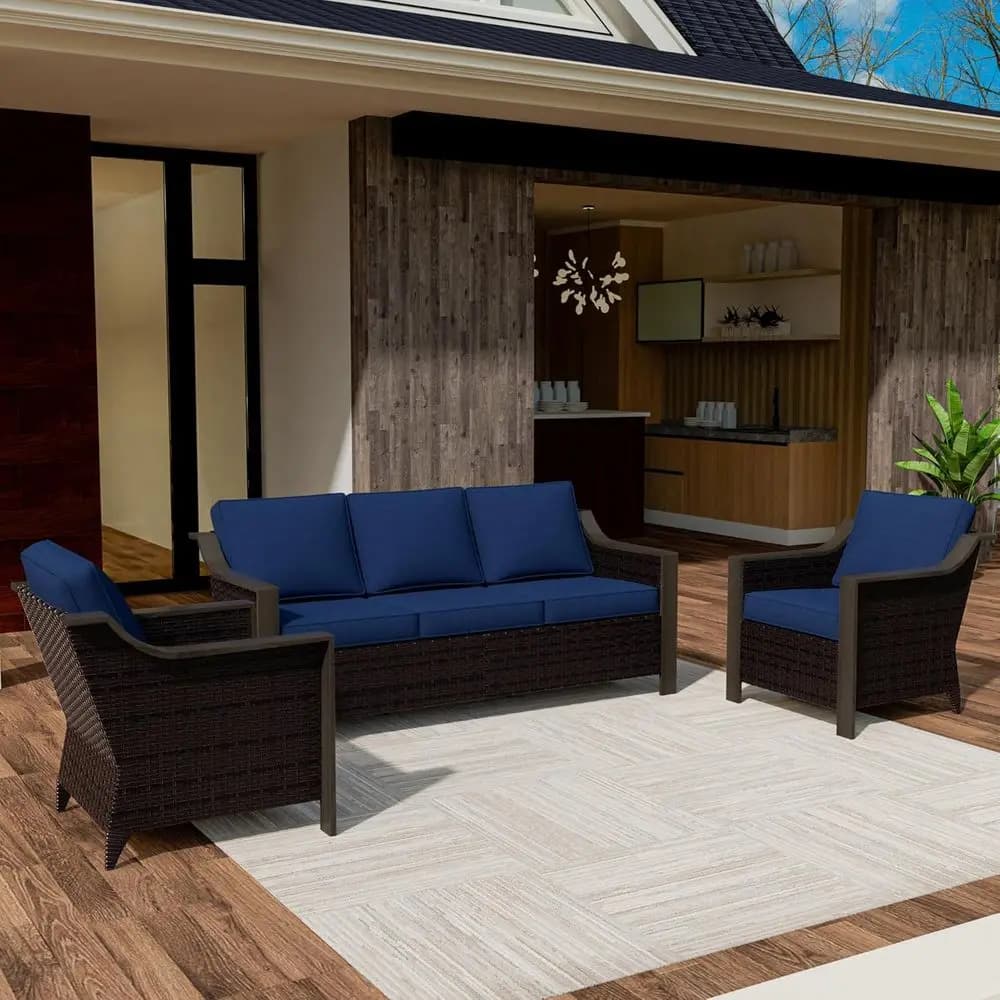 Set da Patio in Vimini Resistente alle Intemperie con 2 Sedie e Cuscini, Perfetto per Veranda, Giardino e Bordo Piscina - Blu