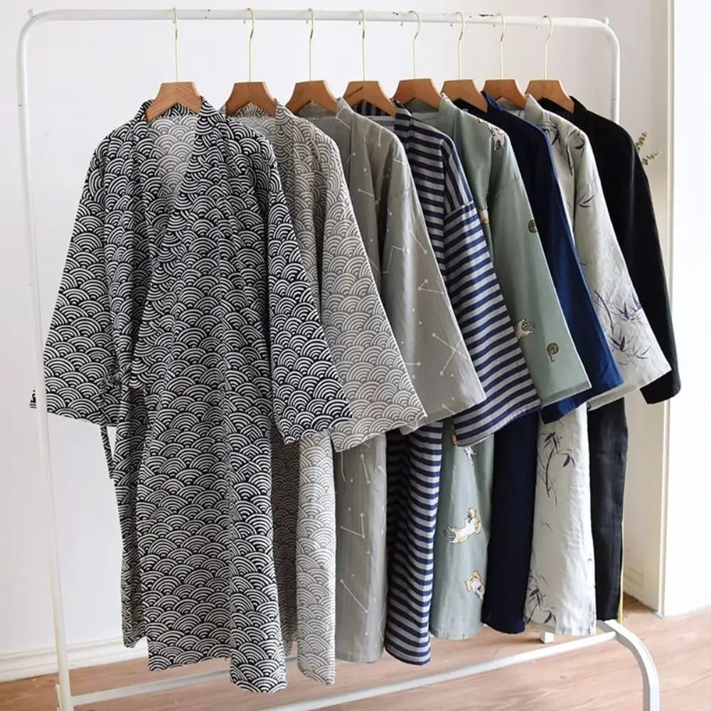 Nightdress V-Neck Men's Kimono Bathrobe Loose Long Sleeve Japanese-Style Yukata Thin Casual Kimono Pajamas Sauna