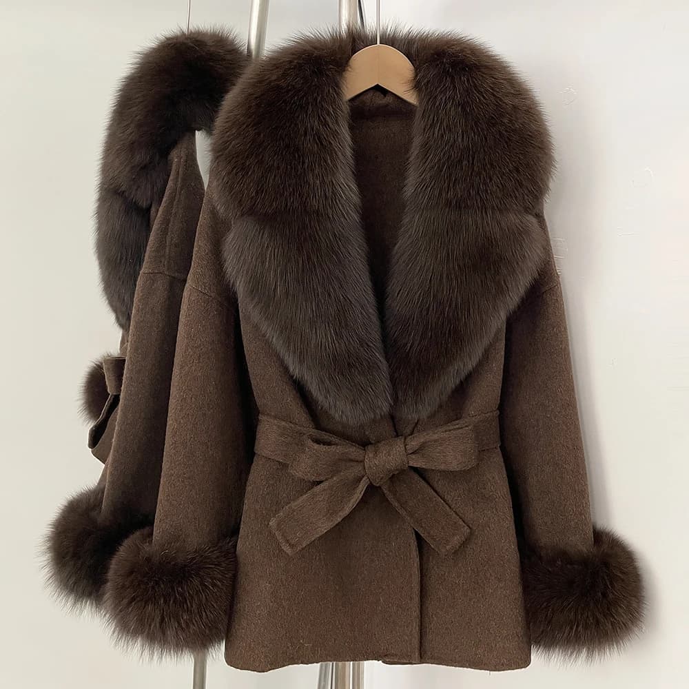 Elegante cappotto di lana Cappotto da donna Tasca con cintura Lana invernale e trench Giacca di vera pelliccia naturale Capispalla da donna Cappotto di lana misto