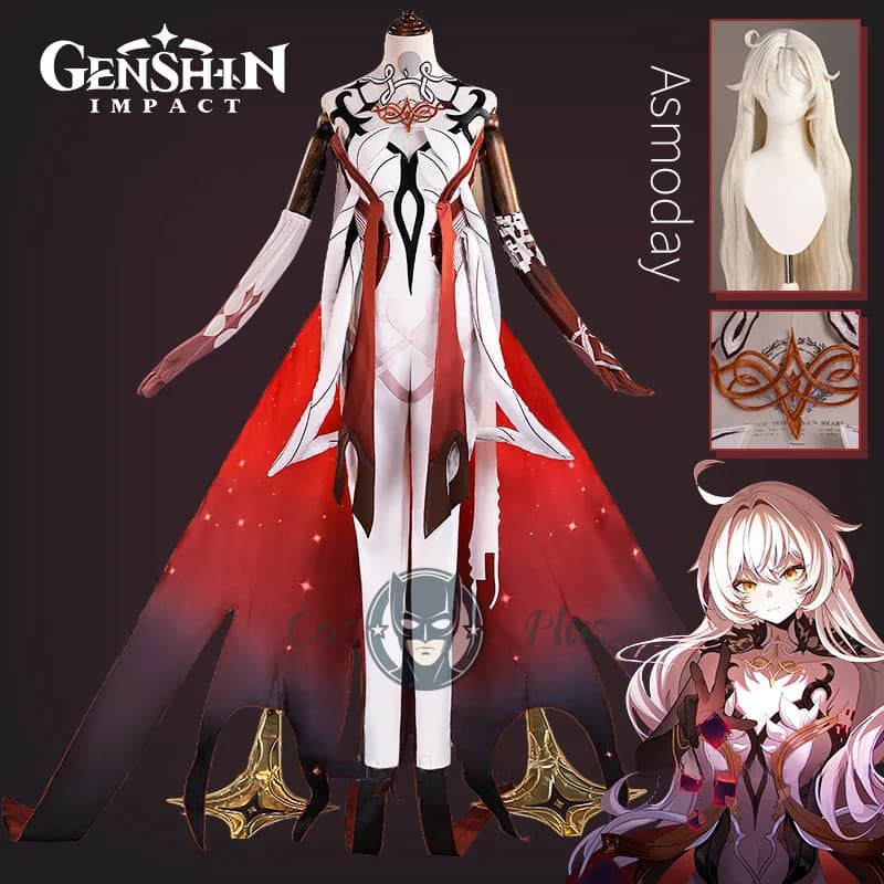 Asmoday Costume Cosplay Parrucca Genshin Impact Abito Mantello Calzini Puntelli Accessori per Donne Ragazze Righello dello Spazio Natale Set Completo
