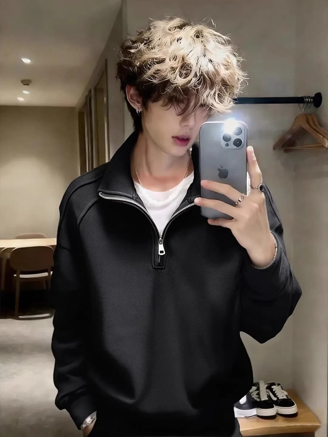 American Style Hoodie Jacket Men's Spring Half Zipper Stand Collar Fleece Lined Pullover Heavyweight Base Layer Shirt