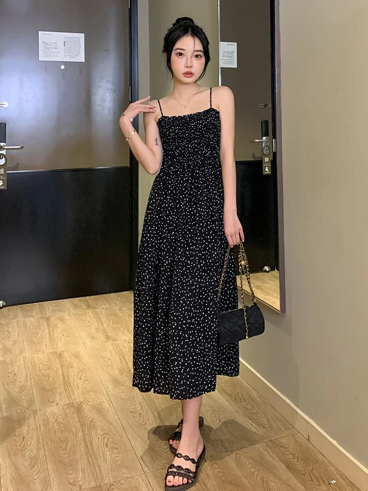 Retro Polka Dot Strap Dress Women's Spring Summer Elastic Waist Slimming Long Dress Inner Wear Skirt French Style Printed A-L...