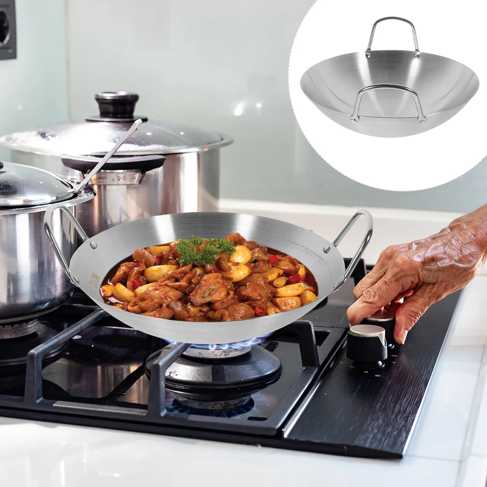 Stainless Steel Wok with Double Handle Round Bottom Frying Pan for Gas Stove Heavy Duty Heat Resistant Kitchen Wok Easy Clean