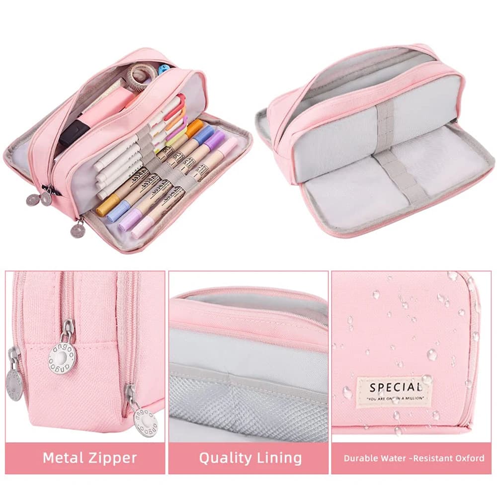 Astuccio di Grande Capacità con 3 Scomparti, Borsa Multifunzionale per Penne, Organizer per Cancelleria Scolastica e da Ufficio per Ragazze e Ragazzi