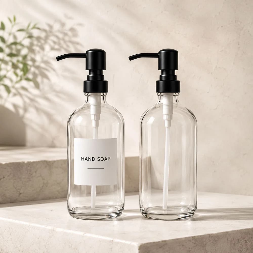500ml Clear Glass Soap Dispenser Set with Stainless Steel Pump, Liquid Hand Soap & Dish Soap Bottle for Bathroom Kitchen Counter