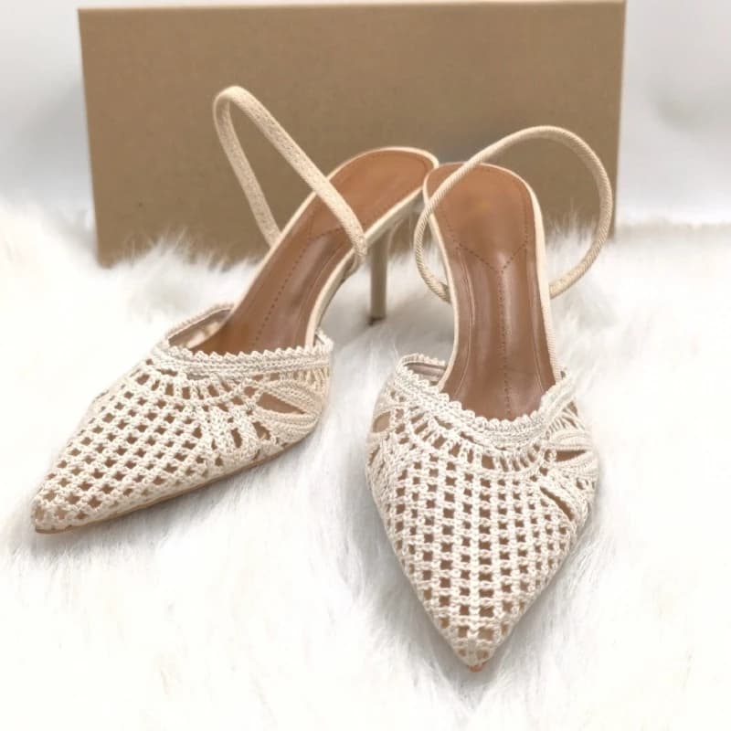Sandali da Donna Bianchi in Maglia Crochet con Tacco a Spillo, Punta Affusolata, Scarpe Eleganti Senza Cinturino per Uso Quotidiano