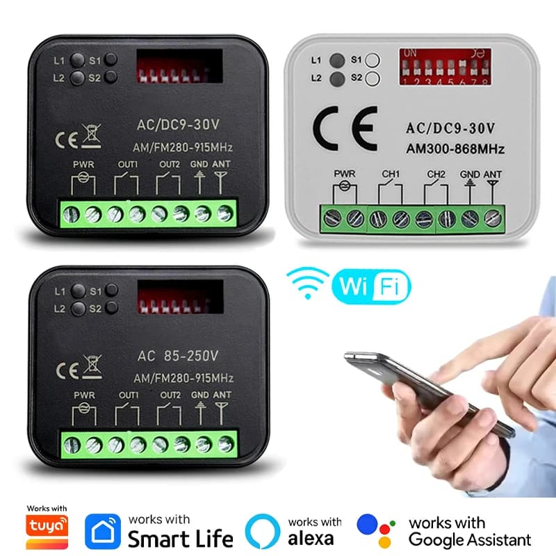 Tuya WiFi Switch Universal RX-MULTI Ricevitore telecomando per porta da garage e cancello Smart Controller 300-868 MHz AC/DC 9-30 V AC 85-250 V