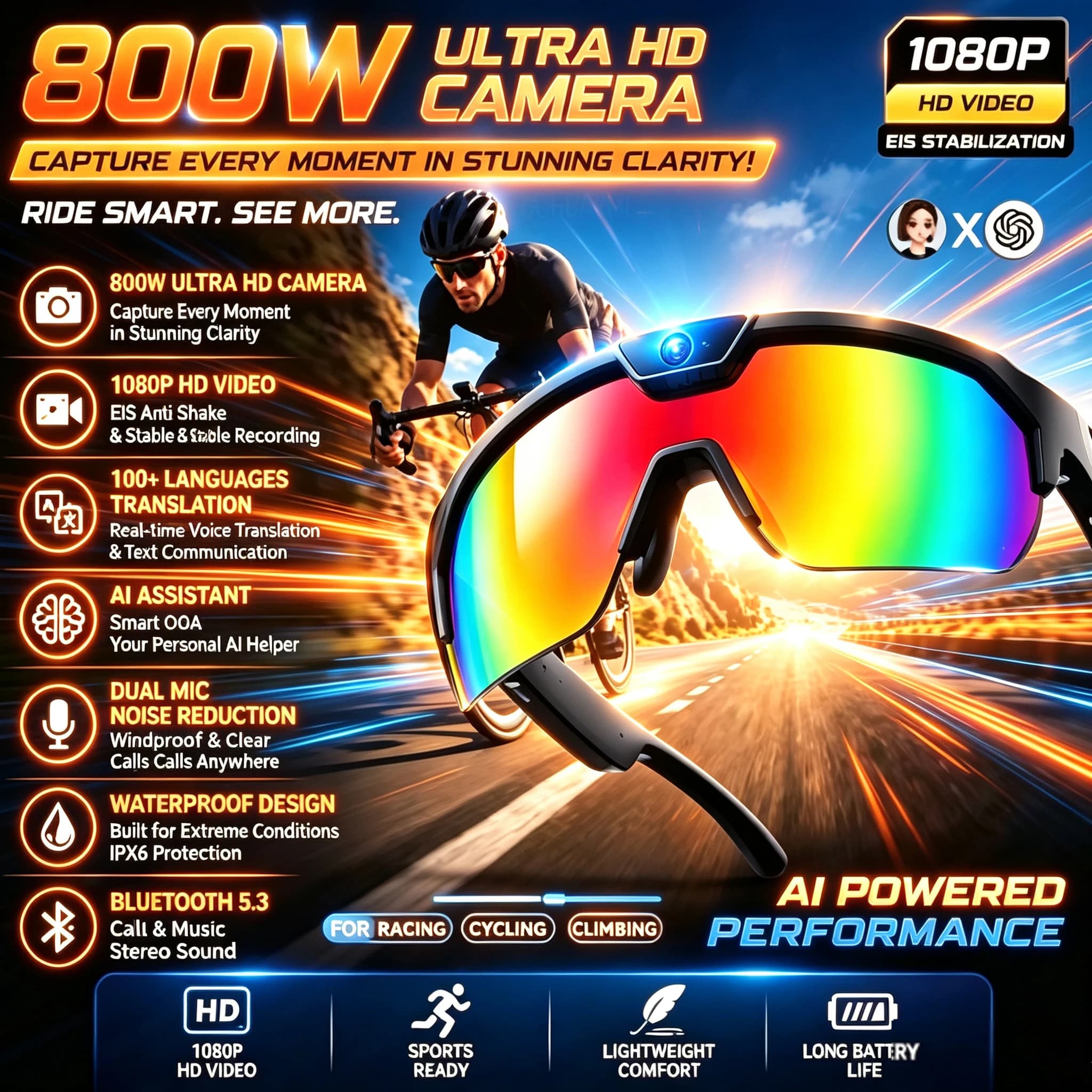 2026 AI Skiing Smart Glasses 800W HD Anti-shake Camera Action Capture Goggles Men 3D Surroud Sound AI Chat Call Sport Sunglasses