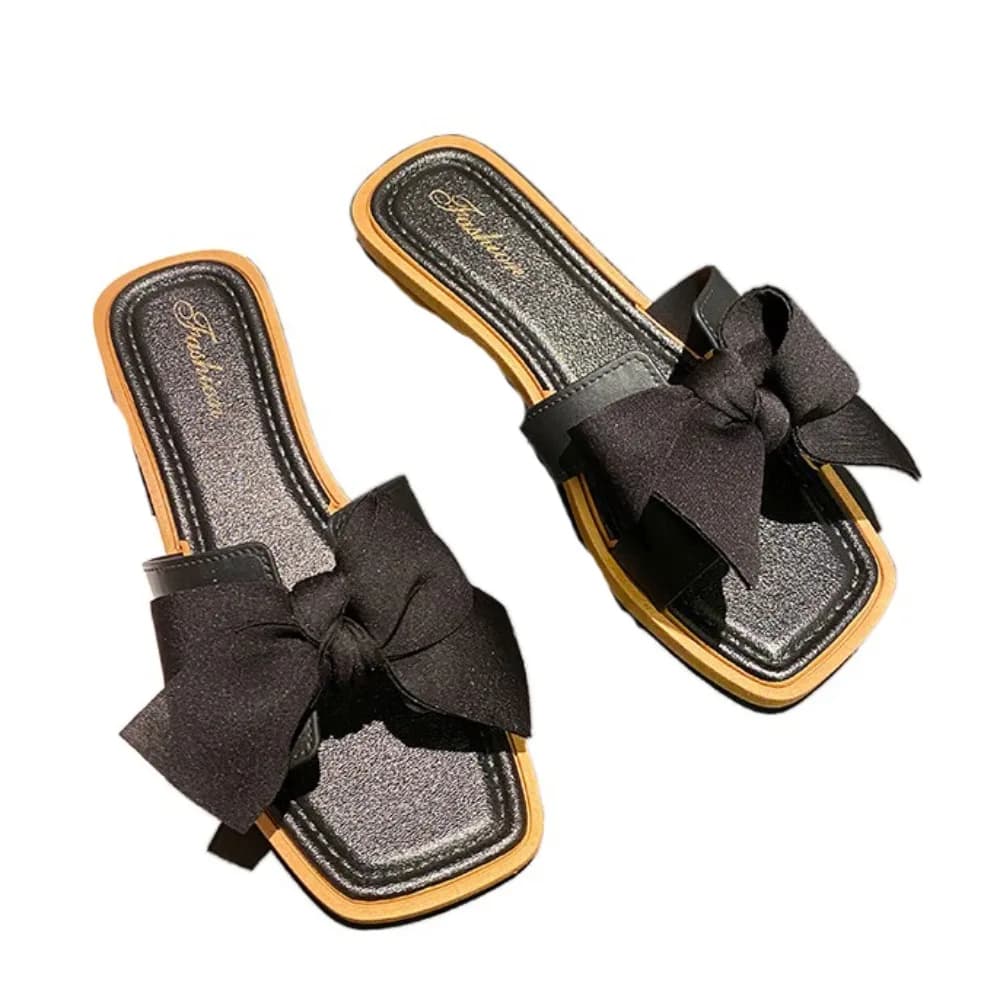 Elegant Soft Sole Bowknot Slippers Anti Slip Sweet Flat Slides Sandals PVC Beachwear Slippers Women Ladies